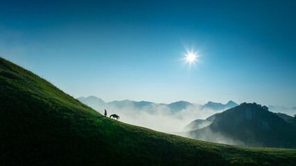 Blue sky and fresh morning. A peaceful, refreshing feeling. View of the hills surrounding Ba Quang, Ha Lang district, Cao Bang province, Vietnam