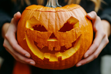 Happy excited family carving Helloween pumpkins making creepy face holiday preparation, Generative AI