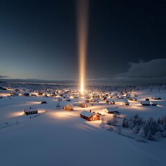 A stunning night view of a snowy village illuminated by a bright beam of light in the sky. The tranquil landscape is beautifully adorned with twinkling stars, creating a magical winter atmosphere.