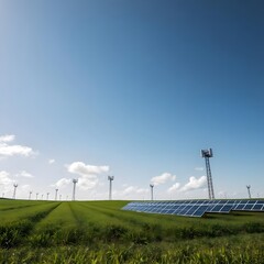 Wall Mural - wind turbine on a field. telecommunication tower in the field. solar power station. solar panels on a field.