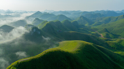 Blue sky and fresh morning. A peaceful, refreshing feeling. View of the hills surrounding Ba Quang, Ha Lang district, Cao Bang province, Vietnam