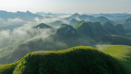 Blue sky and fresh morning. A peaceful, refreshing feeling. View of the hills surrounding Ba Quang, Ha Lang district, Cao Bang province, Vietnam