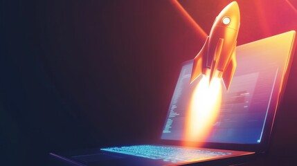 Laptop with a Golden Rocket Taking Off