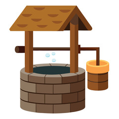 Cartoon wooden bucket and rustic stone water well vector illustration