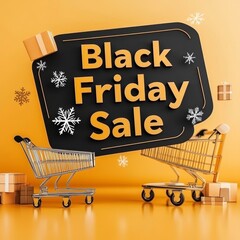 Black Friday Sale banner with two empty shopping carts and cardboard boxes on an orange background.