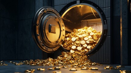 Vault with open doors and a pile of gold coin inside, symbolizing stored wealth.