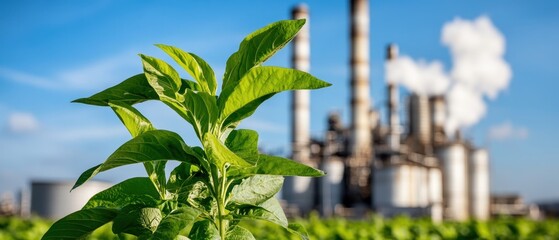 Green plant in front of industrial landscape with smokestacks and blue sky