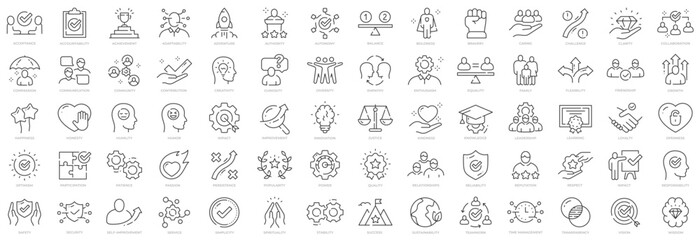 big set of core values related icons. caring, collaboration, community, diversity, friendship etc. e