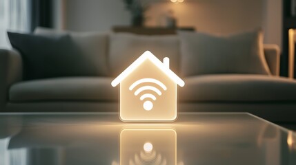 A bright house icon with Wi-Fi symbol glowing softly on a glass-top coffee table, reflecting light across a contemporary living room with neutral furniture.