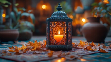 A decorative lantern casting warm light amidst autumn leaves and plants.