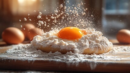 A close-up of an egg yolk surrounded by flour on a wooden surface, suggesting baking preparation.