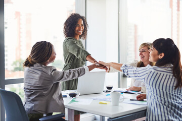 Wall Mural - Collaboration, stack and businesswomen in office, laptop and professional with smile and support. Meeting, legal and solidarity of colleagues, ombudsman and happy with report and corporate people