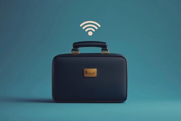 A modern briefcase with a minimalist WiFi icon floating above it, denoting connectivity and tech-savvy work. 