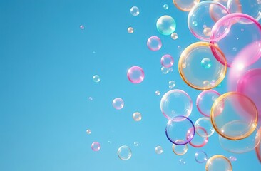 Wall Mural - A bunch of colorful bubbles floating in the sky. The bubbles are of different colors and sizes, creating a vibrant and playful atmosphere. The blue sky serves as a backdrop, emphasizing the bright