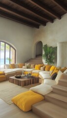 Sticker - Spacious Living Room, Yellow Pillows, Rustic Ceiling, Large Windows, Tropical Beach View.