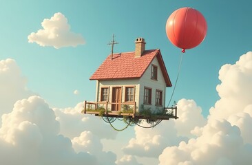 Wall Mural - House flying with balloons, floating in the sky, cute and funny surrealism image