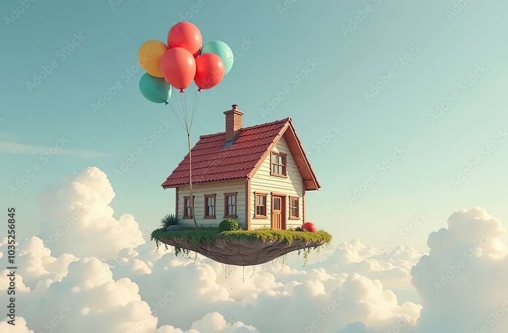 House flying with balloons, floating in the sky, cute and funny ...