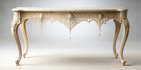 A luxurious ivory console table covered in dust and cobwebs as a single droplet of dew slowly drips onto the surface, antique, console, luxury