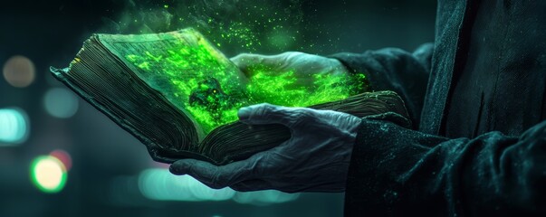 A skeletal figure in a dark cloak holding an ancient, tattered book with glowing runes, as eerie green light seeps from the pages.