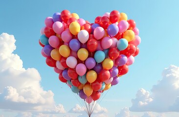 Wall Mural - 3D rendered heart made of colorful balloons floating against a clear sky