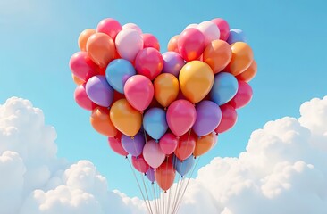 Wall Mural - 3D rendered heart made of colorful balloons floating against a clear sky