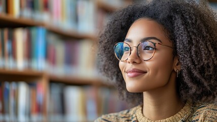 African American woman wearing glasses, smiling in library with bookshelves background