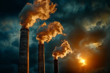 A dramatic view of industrial smokestacks emitting clouds of smoke against a darkening sky at sunset.