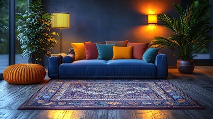 A cozy living room with a blue sofa and colorful pillows, a patterned rug and two plants.