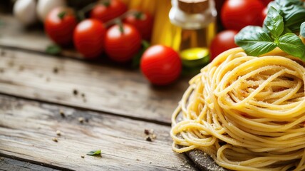 Wall Mural - Freshly cooked spaghetti with tomatoes, basil, and olive oil on rustic wooden table