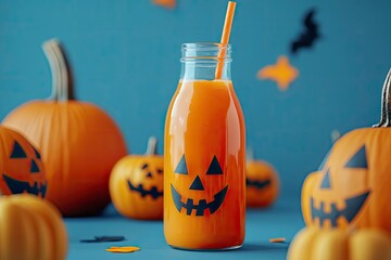 Halloween drink in a glass bottle with scary faces. Carrot or pumpkin juice with straw on a blue background with Halloween decorations. Copy space. with generative ai