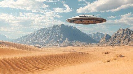 Wall Mural - A 2D desert scene with a 3D rendered spaceship landing creating dimensional contrast
