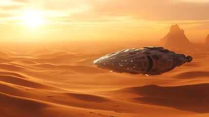 Wall Mural - A 2D desert scene with a 3D rendered spaceship landing creating dimensional contrast