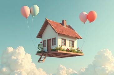 Wall Mural - House flying with balloons, floating in the sky, cute and funny surrealism image
