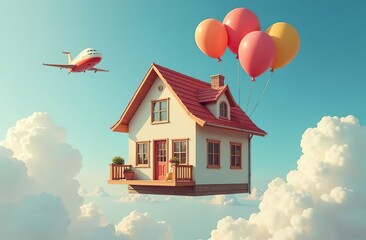 Wall Mural - House flying with balloons, floating in the sky, cute and funny surrealism image