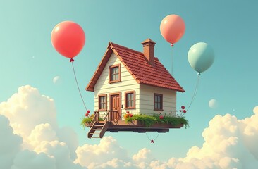 Wall Mural - House flying with balloons, floating in the sky, cute and funny surrealism image