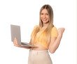 © Danko - Portrait of a cheerful amazed young woman standing isolated over transparent background using laptop computer. Looking camera.