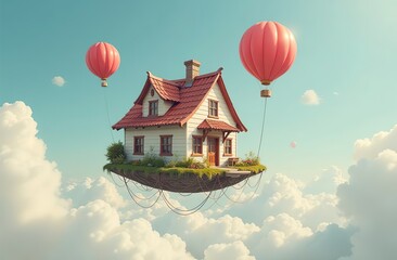 Wall Mural - House flying with balloons, floating in the sky, cute and funny surrealism image