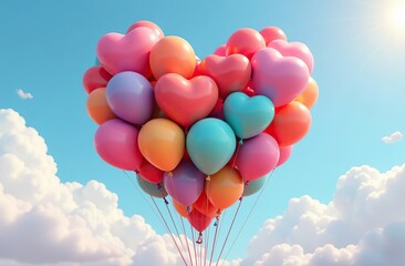 Wall Mural - 3D rendered heart made of colorful balloons floating against a clear sky