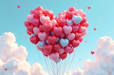 Wall Mural - 3D rendered heart made of colorful balloons floating against a clear sky