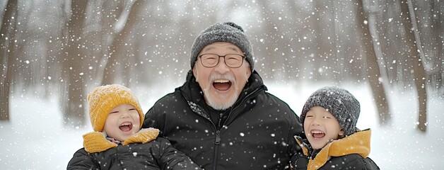 Joyful moments in the snow with an elderly man and two children on a winter day