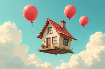 Wall Mural - House flying with balloons, floating in the sky, cute and funny surrealism image