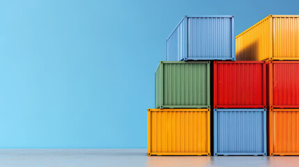 Colorful Cargo Containers Stacked Against Blue Sky: A vibrant stack of cargo containers, each in a different color, against a bright blue background.