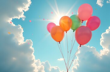 Wall Mural - Colorful balloons floating up into cloudy sky with sunlight breaking through