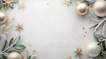 Wall Mural - A beautiful arrangement showcases silver ornaments and festive greenery, creating a serene holiday atmosphere. Delicate snowflakes and golden accents enhance the wintry scene, inviting celebration.