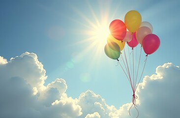 Wall Mural - Colorful balloons floating up into cloudy sky with sunlight breaking through