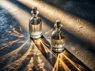 Aerial View of Two Glass Dropper Bottles Casting Shadows for Natural Product Photography