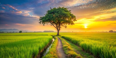 Poster - A lone tree stands sentinel in a verdant field, bathed in the golden glow of a setting sun, a path leading towards a horizon promising a new day