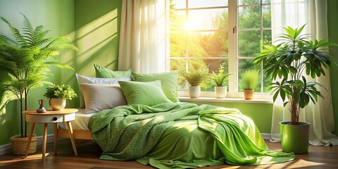 Sticker - A serene and inviting bedroom with lush greenery, soft lighting, and a comfortable bed, offering a tranquil retreat from the outside world.