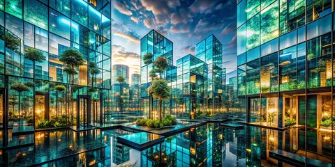 Wall Mural - A reflective urban oasis with vibrant green foliage and mirrored glass buildings, reflecting the sky and creating an ethereal sense of tranquility