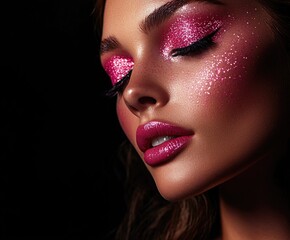 Wall Mural - A beautiful woman with pink glitter eye makeup, against a shiny black background.